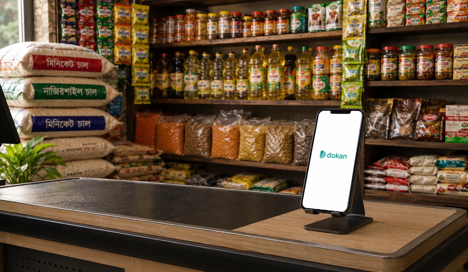 A grocery shop counter with the Dokan app displayed on a smartphone